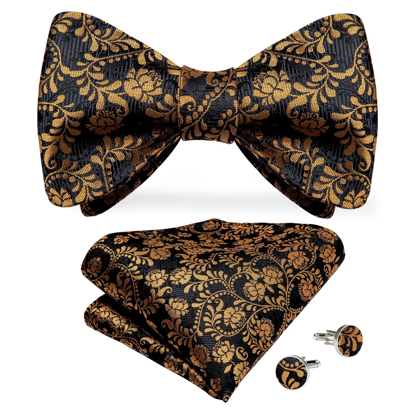 Adjustable Bowties Gold Floral Self Tie Bow Tie Set Pocket Square Wedding Tuxedo Cravat Bow Tie Formal Male Neckwear