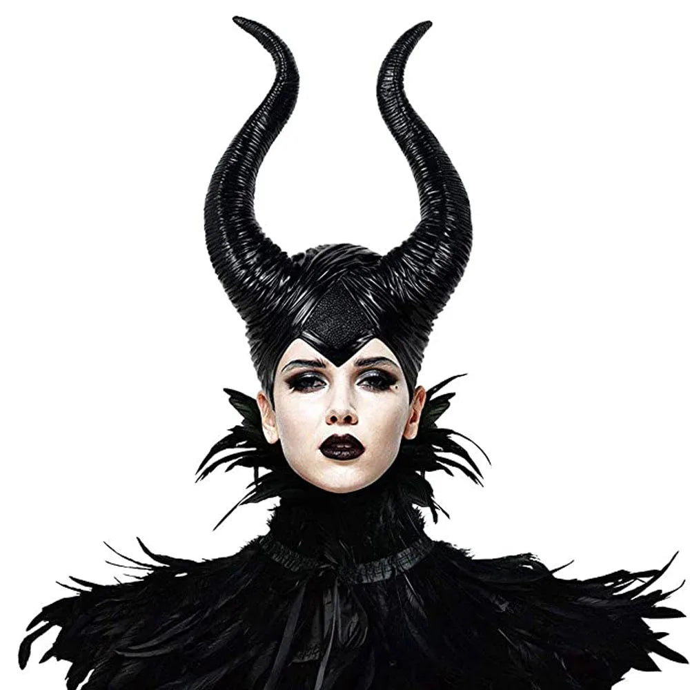 Black Queen Witch Demon Horns Hat Mask Cosplay Animal Headpiece Halloween Headdress Dress up Party Costumes Props