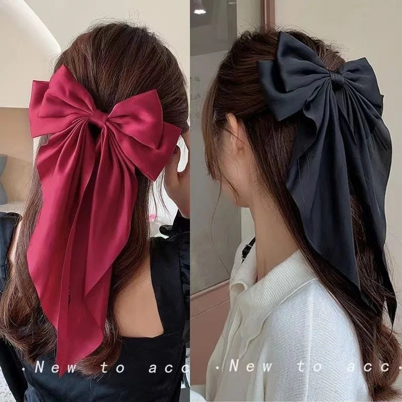 Elegant Bow Ribbon Hair Clip Fashion Simple Solid Satin Spring Clip Hair Pin Retro Headband with Clips Girls Hair Accessories