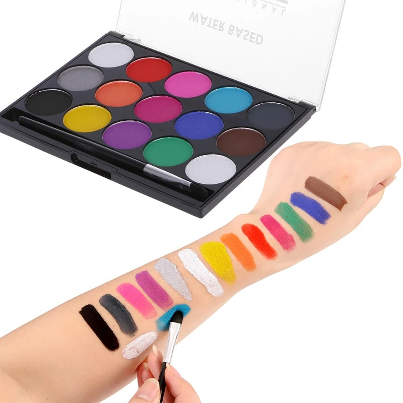 H8WA Multifunction Face Body Paint Palette Face Body Paint with Brush Washable 15 Color Paint for Soccer Fan Face Body Art