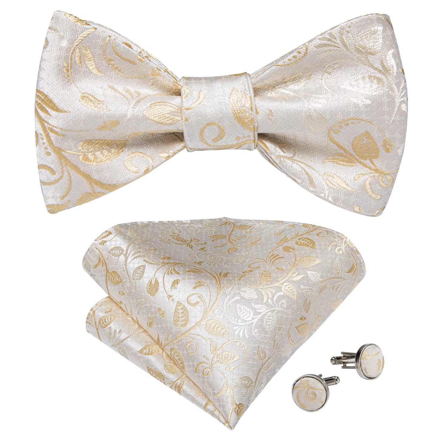 Adjustable Bowties Gold Floral Self Tie Bow Tie Set Pocket Square Wedding Tuxedo Cravat Bow Tie Formal Male Neckwear