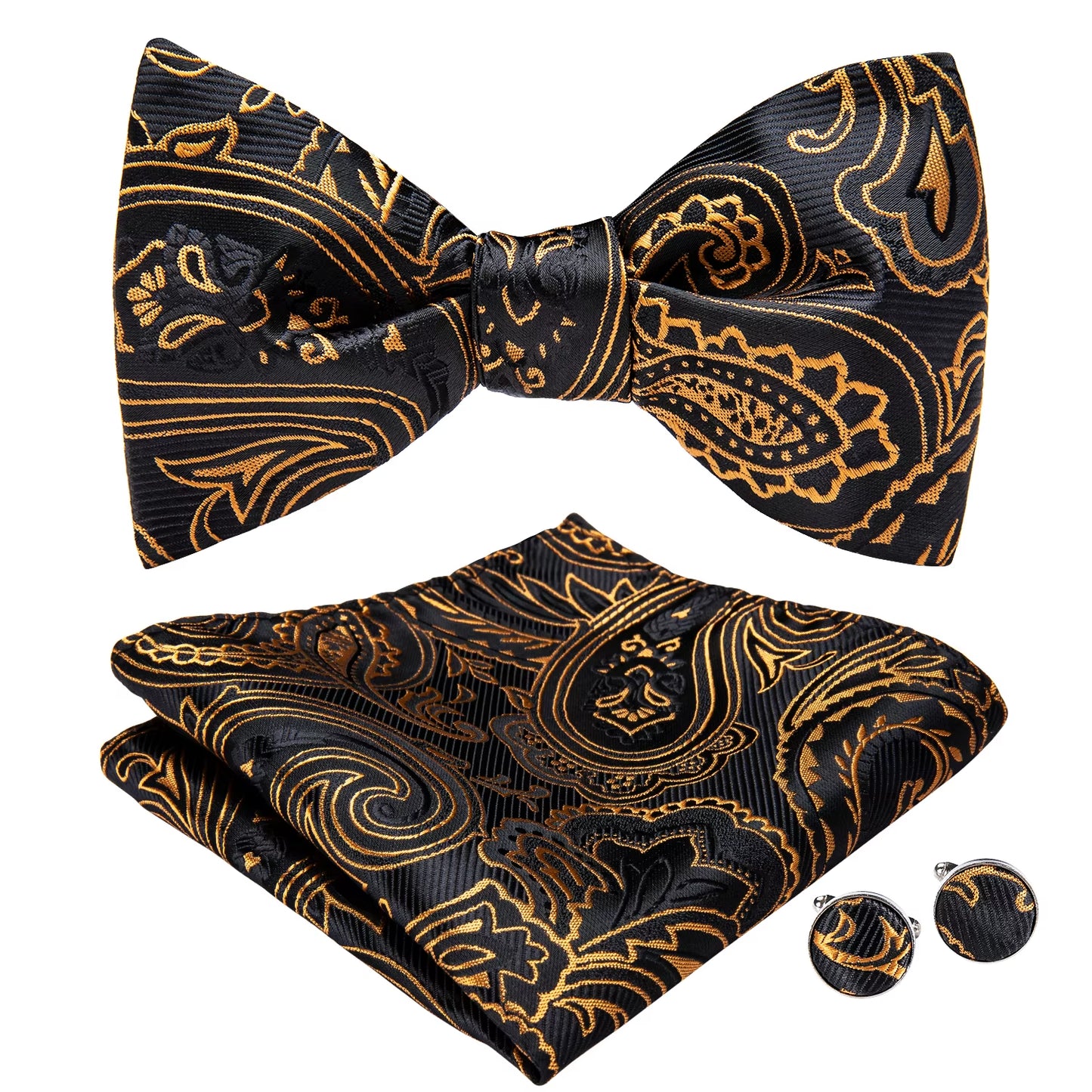 Adjustable Bowties Gold Floral Self Tie Bow Tie Set Pocket Square Wedding Tuxedo Cravat Bow Tie Formal Male Neckwear