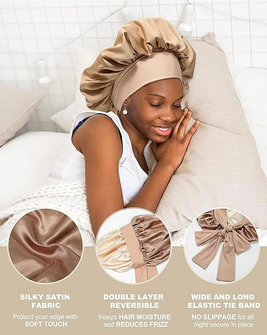 Satin Bonnet Silk Bonnet for Sleeping Silk Sleep Cap Double Layer Hair Bonnet with Elastic Tie Band for Curly Hair Night Cap