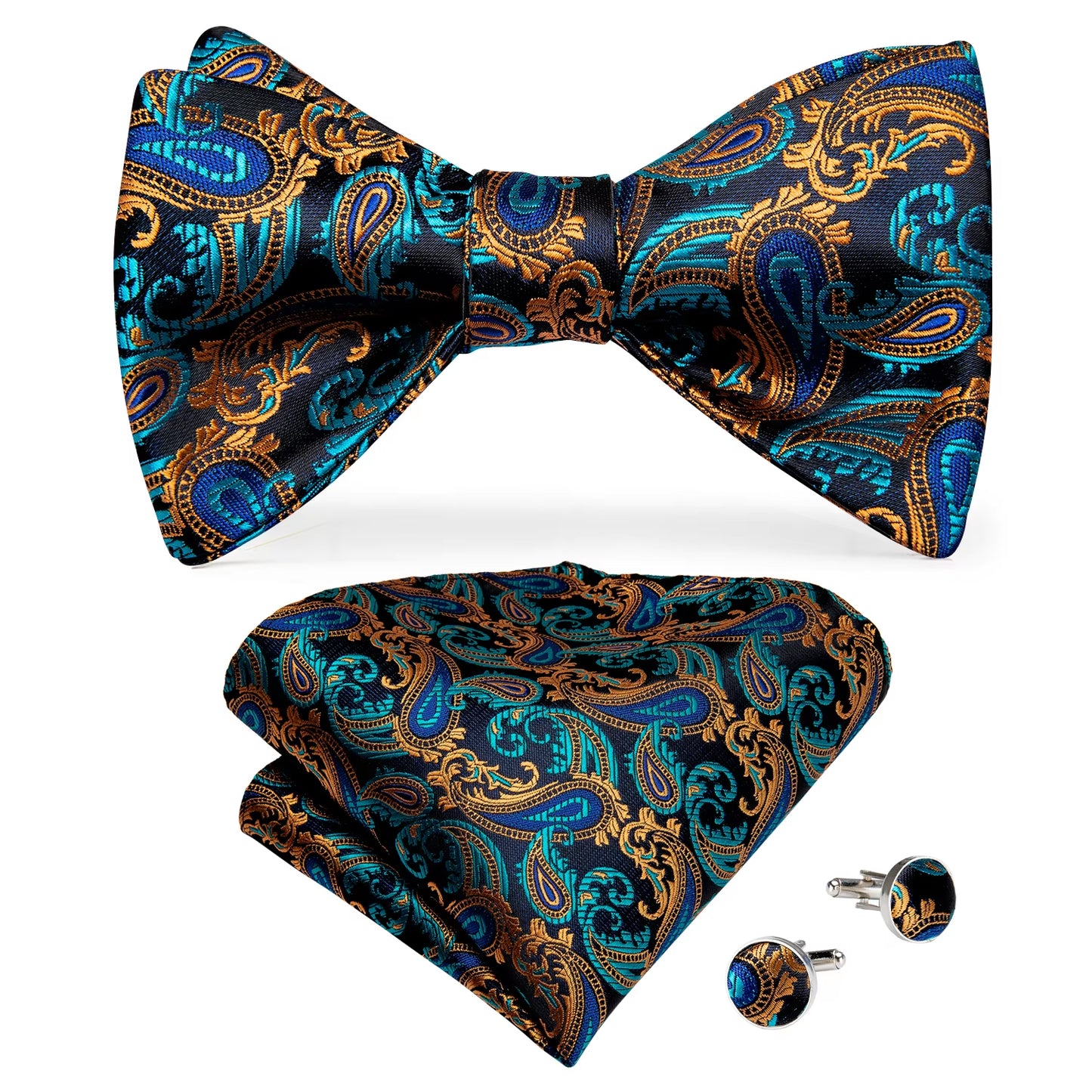 Adjustable Bowties Gold Floral Self Tie Bow Tie Set Pocket Square Wedding Tuxedo Cravat Bow Tie Formal Male Neckwear